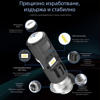Мотоциклетен LED прожектор с линза P15D/H4, монтаж: единичен или троен захват (12V, алуминий, LEDs, AAAAA, 50000 ч)