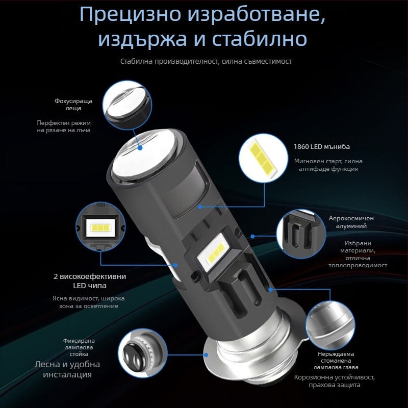 Мотоциклетен LED прожектор с линза P15D/H4, монтаж: единичен или троен захват (12V, алуминий, LEDs, AAAAA, 50000 ч)