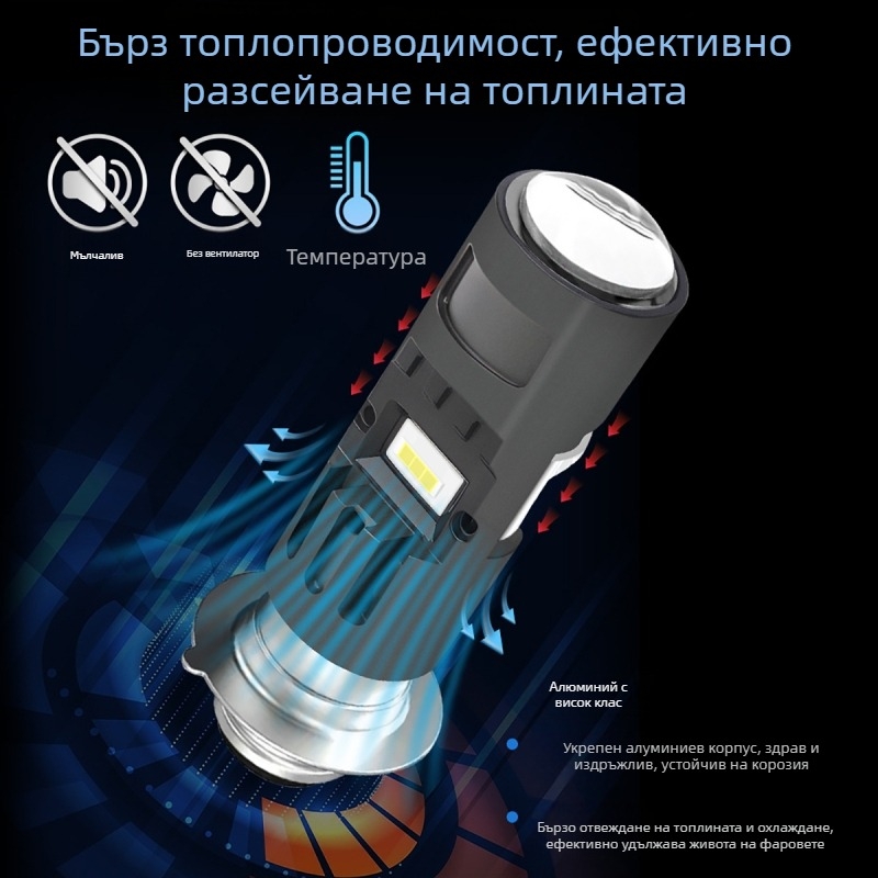 Мотоциклетен LED прожектор с линза P15D/H4, монтаж: единичен или троен захват (12V, алуминий, LEDs, AAAAA, 50000 ч)