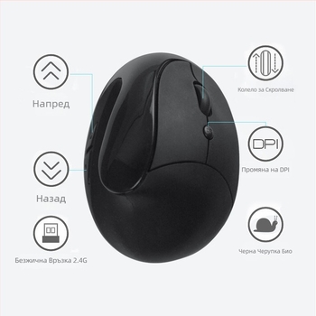 Безжична ергономична мишка за лява ръка, 1000 DPI, 6 бутона, USB приемник 2,4 GHz, захранвана с 2xAA батерии