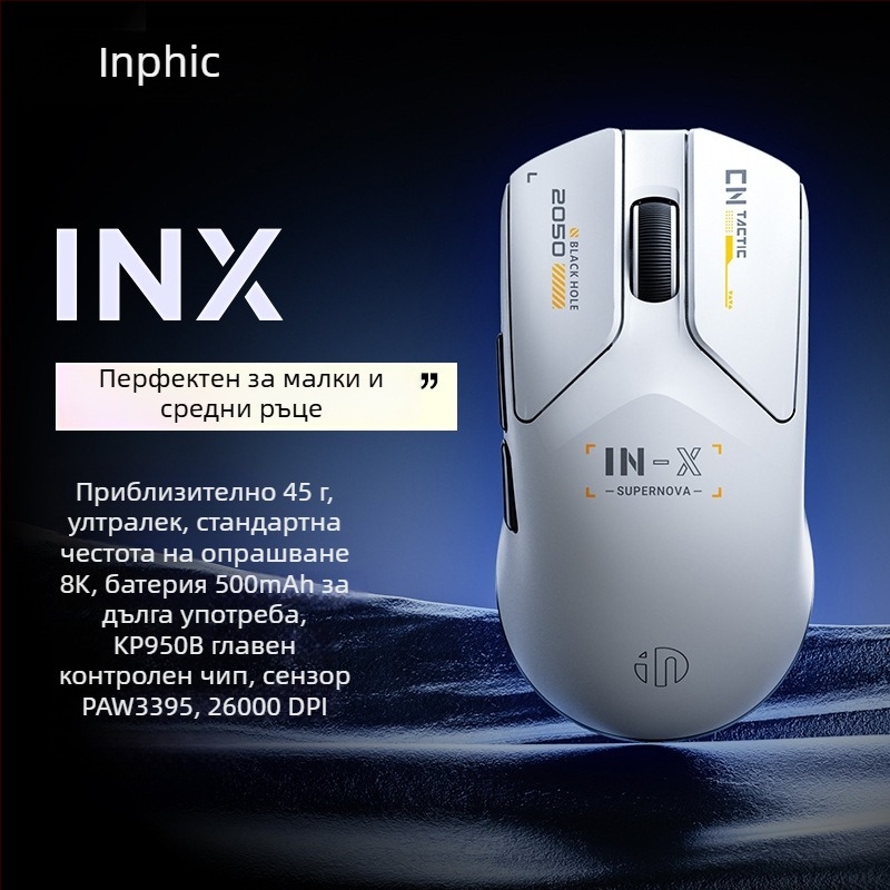 Оптична гейминг мишка INPHIC INX - Dual-mode кабелна и безжична, PAW3395 сенсор, 26000 DPI, 6 бутона, USB