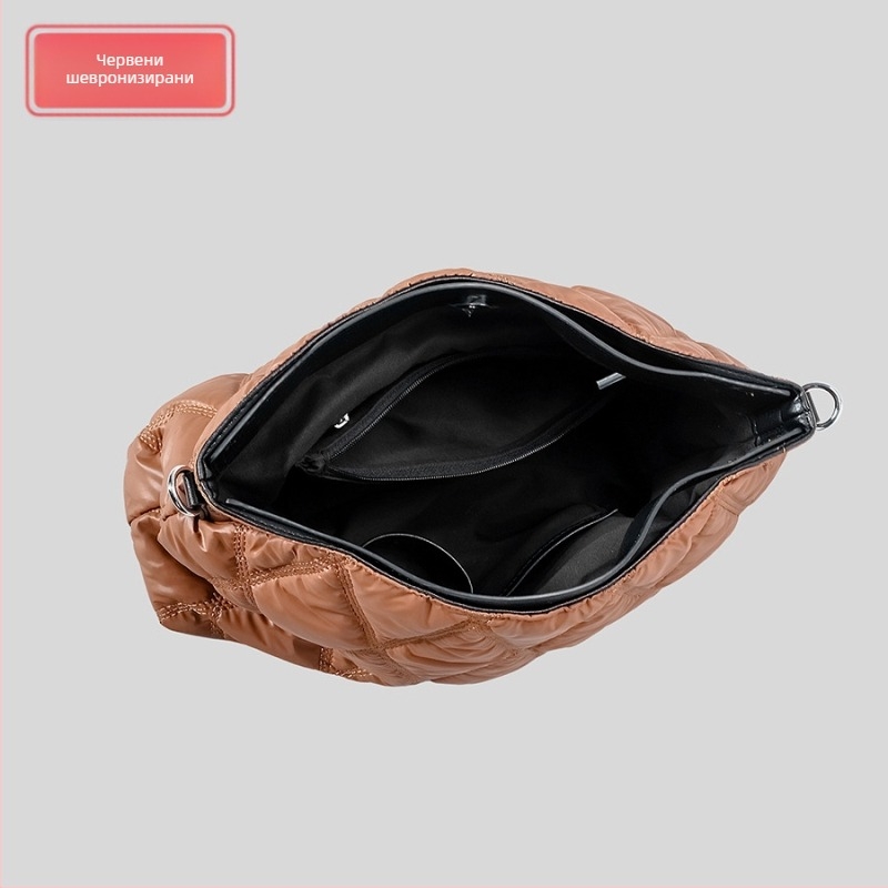 Down Bag Tote чанта – полиестер, хоризонтална квадратна форма, цип за откриване, вътрешни джобове: джоб с цип, джоб за телефон, допълнителен джоб с цип; с един рамен ремък