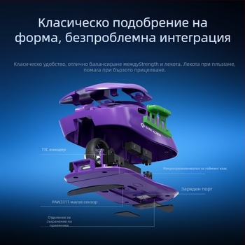 RGB гейминг мишка с PAW3311 сензор, 5600dpi, Bluetooth/USB свързаност, обхват 10m, тегло 54g, 1.2m USB кабел за зареждане включен