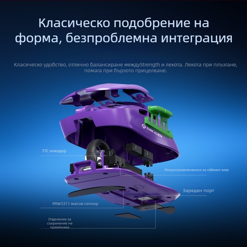 RGB гейминг мишка с PAW3311 сензор, 5600dpi, Bluetooth/USB свързаност, обхват 10m, тегло 54g, 1.2m USB кабел за зареждане включен