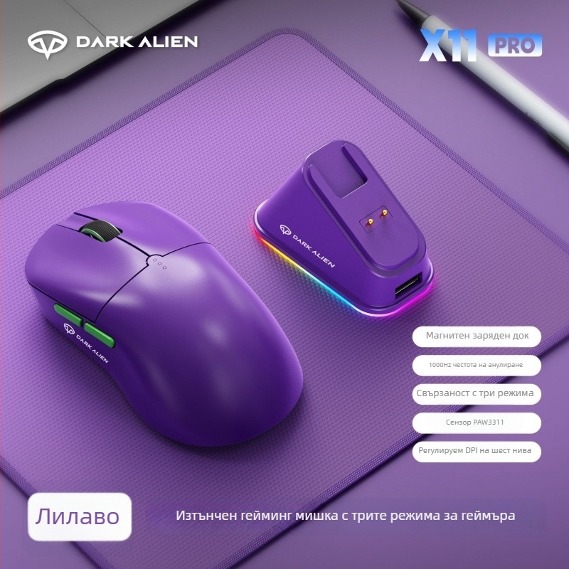 RGB гейминг мишка с PAW3311 сензор, 5600dpi, Bluetooth/USB свързаност, обхват 10m, тегло 54g, 1.2m USB кабел за зареждане включен