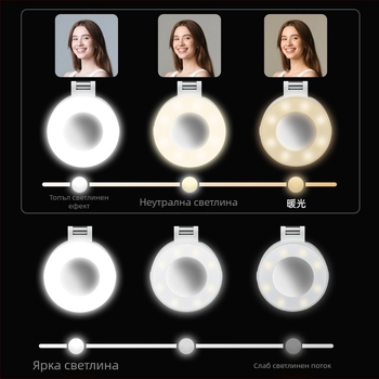 LED светлина за лайв стрийминг – ръчна, 5V, под 10W, модел Y035, три цветови температури, магнитно огледало и сгъваемо огледало