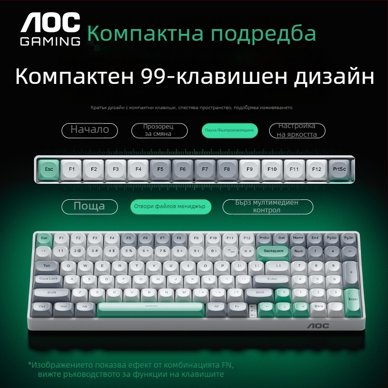 AOC GKM100 Безжичен тримодален комплект: механична клавиатура и мишка, 2.4G безжично свързване, Bluetooth, горещо заменяеми превключватели, 1600 DPI