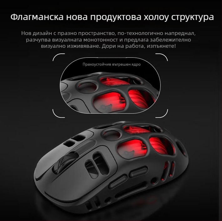 Безжична двойно-режимна механична мишка с кухи отвори за офис и игри, 4000 DPI, 5 бутона, модел 358, тегло 73 g