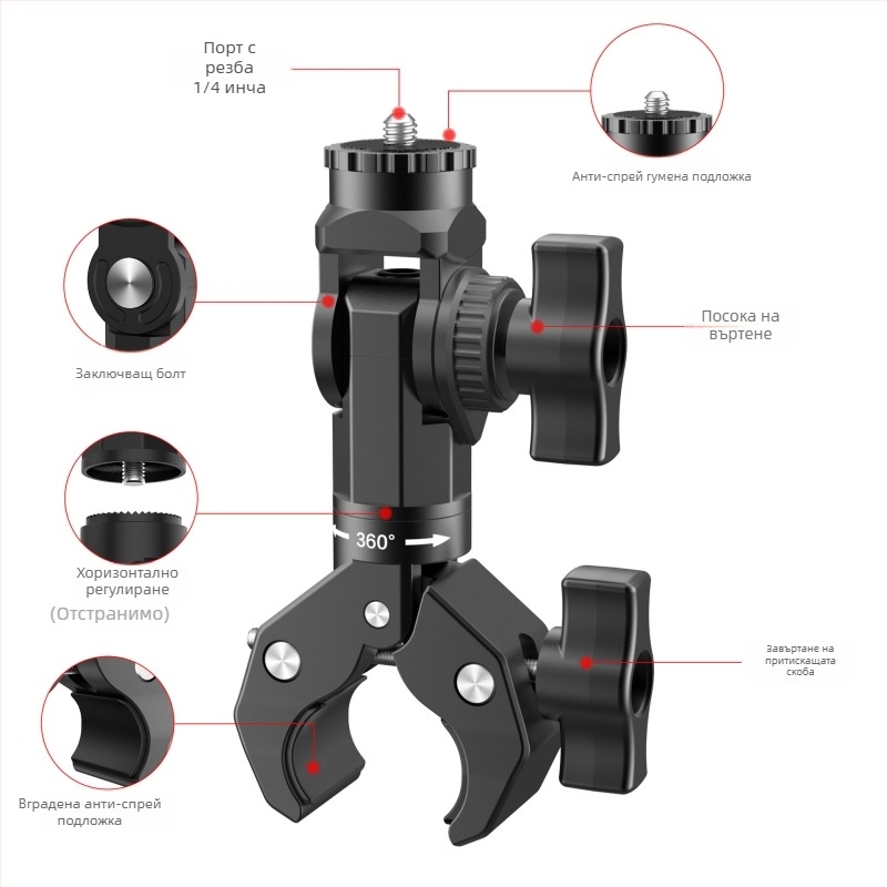 GP384 Кламп за кормило за GoPro, Insta360X5 и DJI – найлон с фибростъкло, анти-трептене, антихлъзгане, включва скоба и адаптер