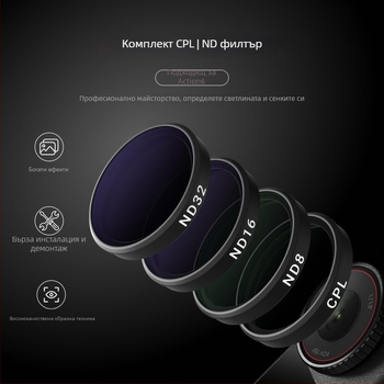 Telesin A6 филтър комплект за DJI Action6: CPL поляризатор, ND8/16/32, VND и UV филтри от стъкло