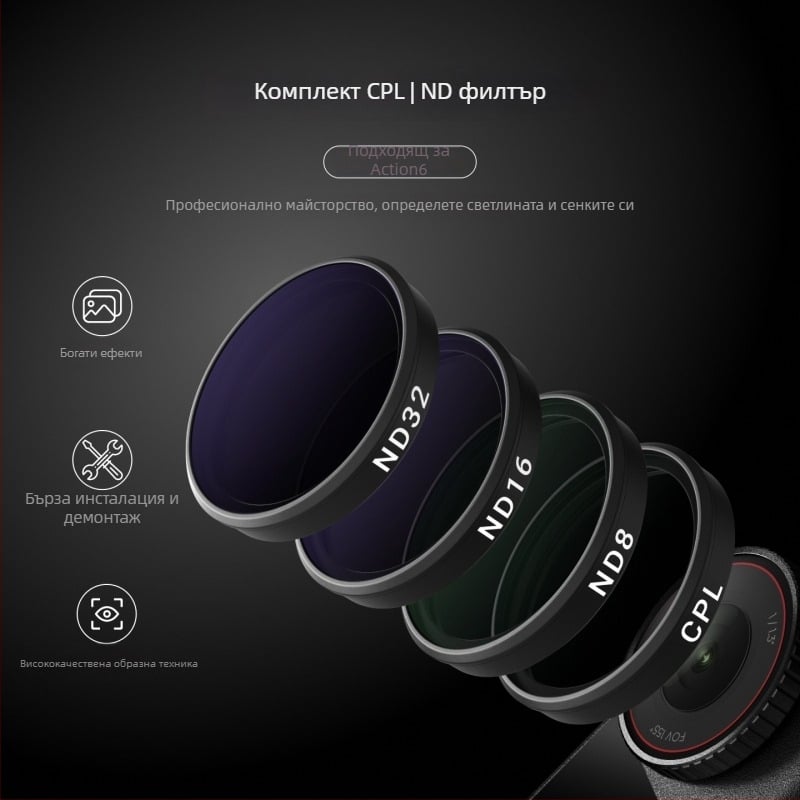 Telesin A6 филтър комплект за DJI Action6: CPL поляризатор, ND8/16/32, VND и UV филтри от стъкло