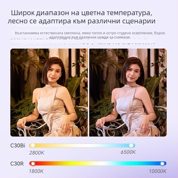 Джобна RGB светлина за запълване C30Bi/R за мобилна фотография — преносимо настолно LED осветление, вградена мощност, регулирана яркост