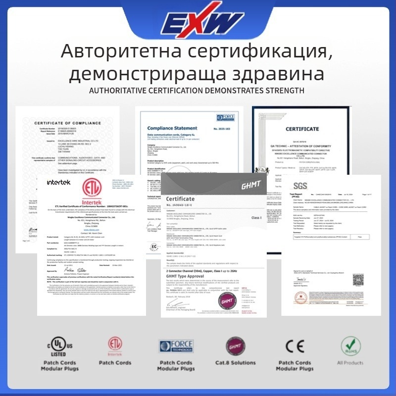 Nbexw Cat8 Patch кабел, пренос 500, работна температура -25°C, температура на съхранение 125°C, опънна якост 10, компресивна якост 20, дължина по поръчка