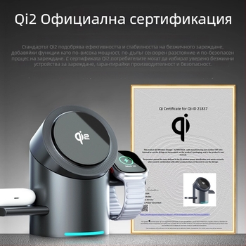 Qi2 сертифициран MagSafe 3-в-1 безжично зарядно устройство със завъртаща се настолна подставка, PD бързо зареждане
