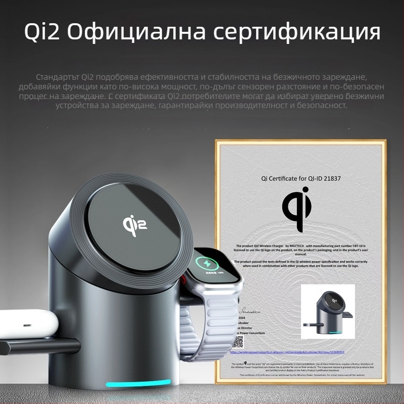 Qi2 сертифициран MagSafe 3-в-1 безжично зарядно устройство със завъртаща се настолна подставка, PD бързо зареждане