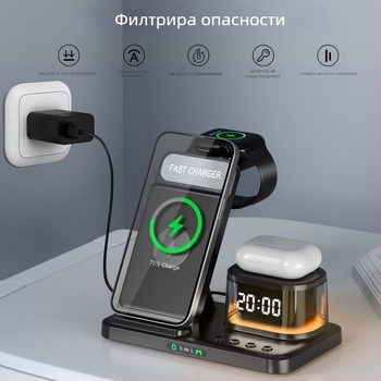 Безжично зарядно за часовник и нощна светлина – стойка 15W, USB-C, QC3.0, сгъваема мултифункционална станция с дигитален дисплей