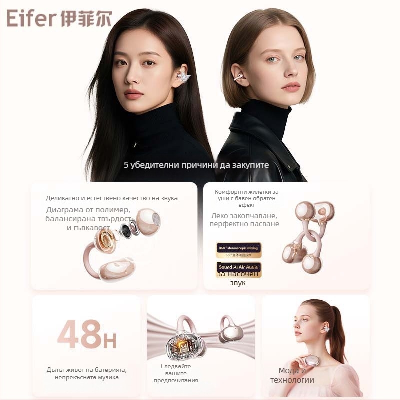 Bluetooth слушалки с щипка за ухо за спорт, стилен безжичен дизайн • Bluetooth 6.0 • обхват 10 м • стерео звук • време на работа 4–8 ч