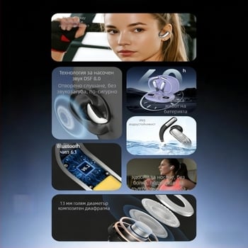 Bluetooth слушалки с ушна кука за спорт (отворен дизайн за ухото, Bluetooth 6.0 с ниска латентност, IPX5 водоустойчивост, живот на батерията 4-8 ч., двустранно стерео)