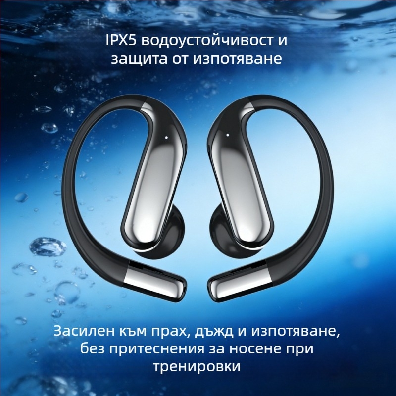 Bluetooth слушалки с ушна кука за спорт (отворен дизайн за ухото, Bluetooth 6.0 с ниска латентност, IPX5 водоустойчивост, живот на батерията 4-8 ч., двустранно стерео)