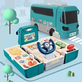 Детска многофункционална автобусна модел-играчка с волан и подвижно автомобилче — пластмасова, батерийно захранвана, светлини и музика, за деца 0–3 години