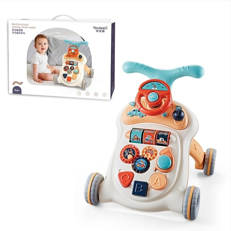 Бебешка ходилка-играчка с мечешки дизайн — многофункционална ходилка с ръчно бутане, за деца 0–3 г., развива координация ръка-око и захват, пластмасова конструкция