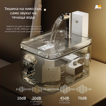 Диспенсър за вода за котки с база с контрол на температурата, без кабели, безжичен сензор, интелигентен фонтан за пиене с автоматично циркулиране, който не мокри устата.