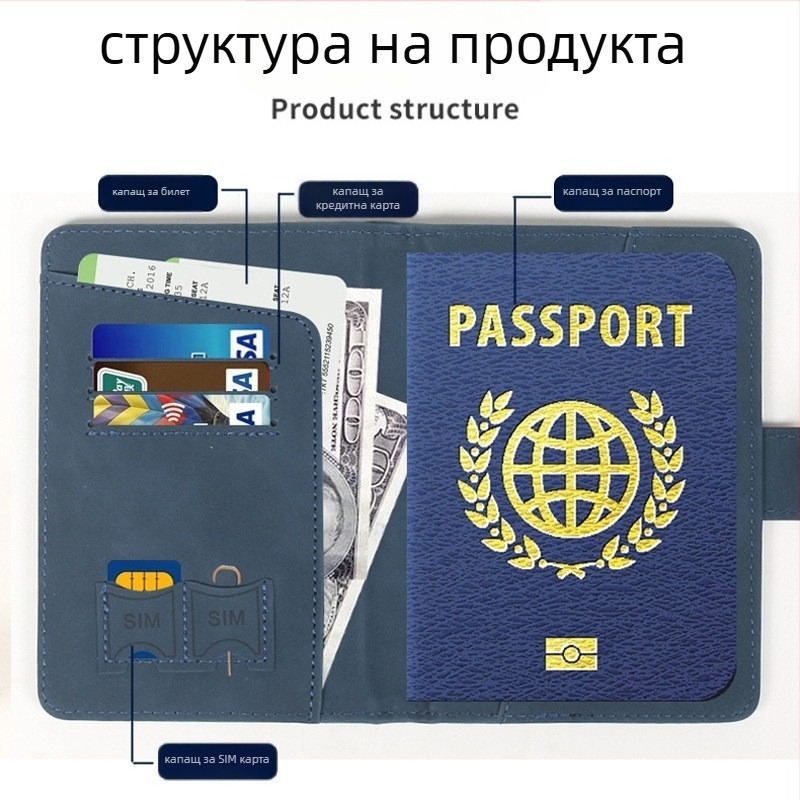 Чанта за паспорт с PU кожен ремък, унисекс мултифункционален портфейл за карти, водоустойчива и ултралека
