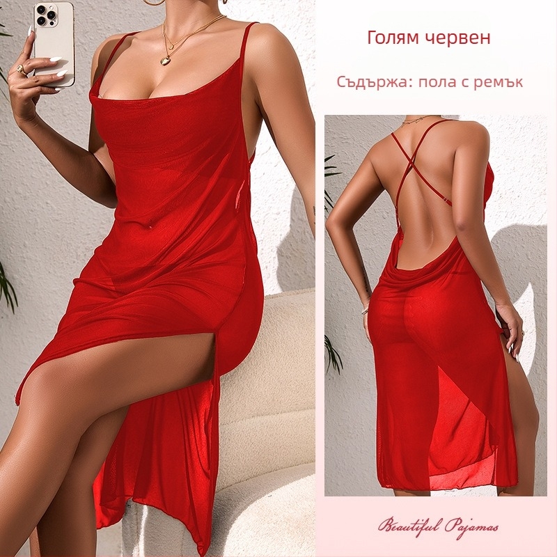 Прозрачна мрежеста нощница с дълбок V-образен деколте, кръстосан гръб и асиметричен разрез, средна дължина.