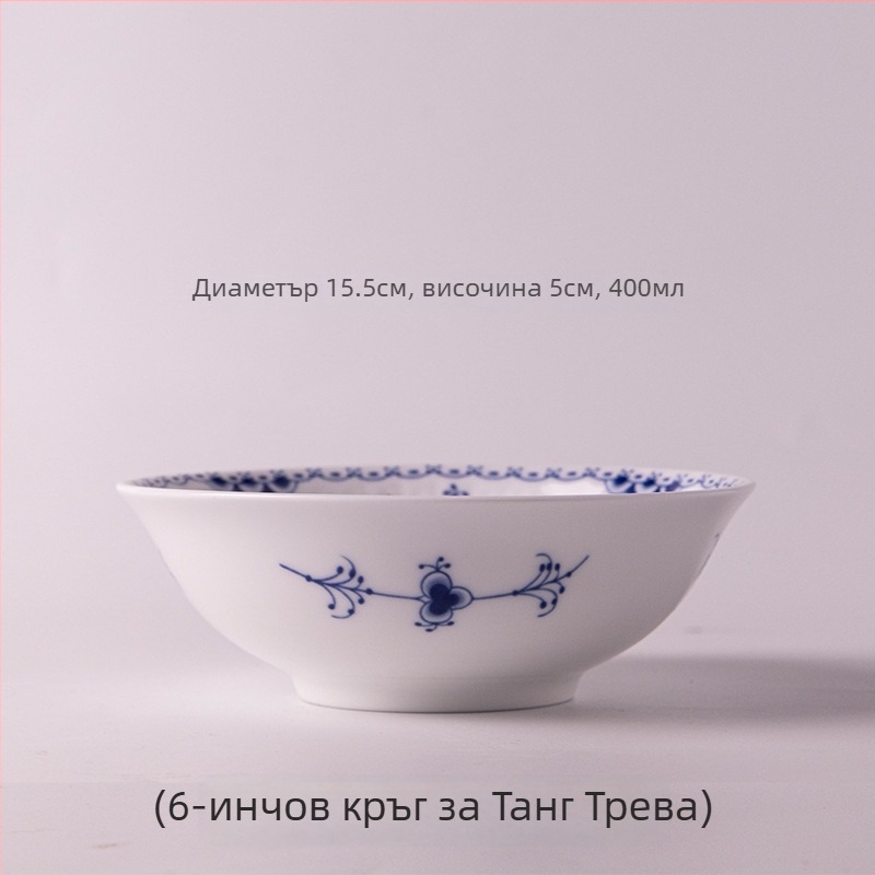 Керамична купа за ориз/супа/нудели – серия с флорални мотиви и мотив на кон с пет ленти, повърхност Inglaze, подходяща за микровълнова, кръгла форма
