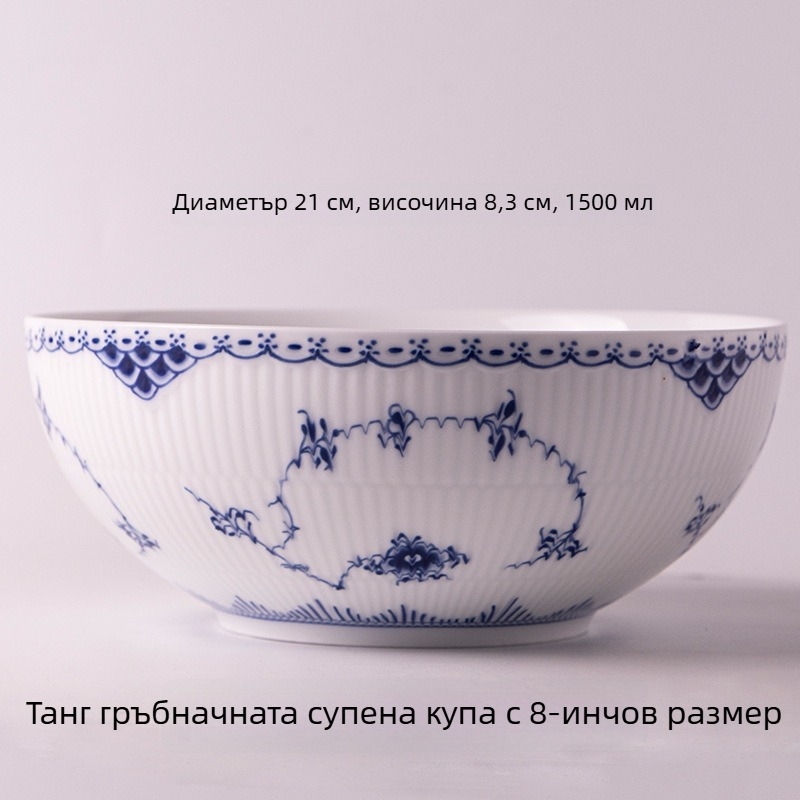 Керамична купа за ориз/супа/нудели – серия с флорални мотиви и мотив на кон с пет ленти, повърхност Inglaze, подходяща за микровълнова, кръгла форма