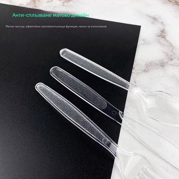 Еднократен комплект пластмасови прибори за западен стил, с удебелен дизайн и дълга дръжка: нож, вилица и лъжица; хранително одобрен пластмасов материал; подходящи за микровълнова печка.