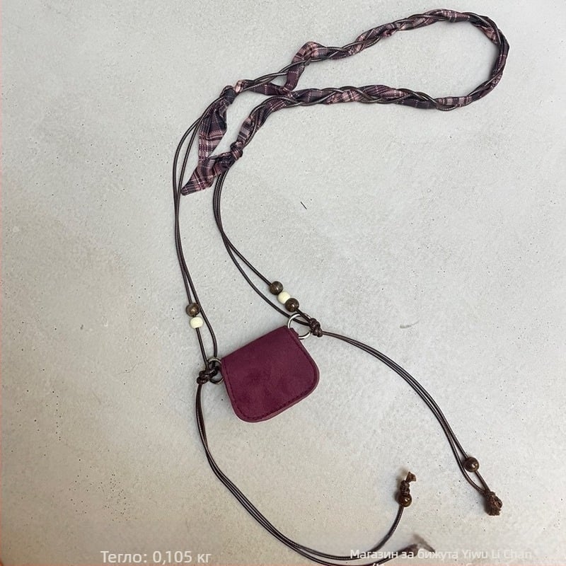 Корейски стил мини монетник от набук със свързване за врата, унисекс портмоне за ключове, червило и слушалки, подплата от синтетична кожа, за ежедневна употреба