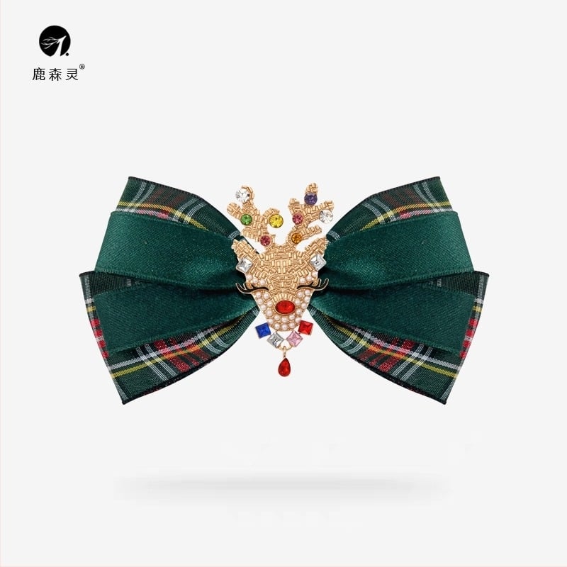 Брошка с ретро панделка от каре плат, кристални камъни, регулираема, електроплатирана