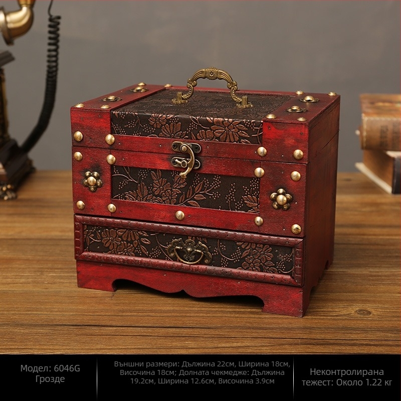Дървена кутия за бижута в стил класически китайски, устойчива на прах за настолна употреба, с две нива