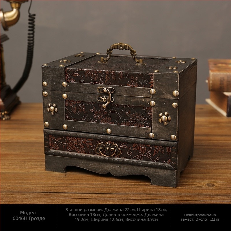 Дървена кутия за бижута в стил класически китайски, устойчива на прах за настолна употреба, с две нива