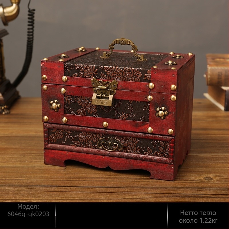 Дървена кутия за бижута в стил класически китайски, устойчива на прах за настолна употреба, с две нива