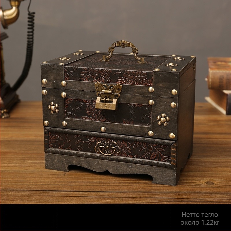 Дървена кутия за бижута в стил класически китайски, устойчива на прах за настолна употреба, с две нива