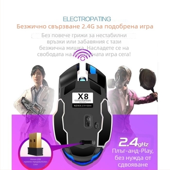 Оптичен безжичен мишка с USB интерфейс, 1000 DPI, 5-степенна настройка DPI, презареждаща се чрез безжично зареждане