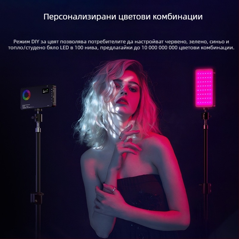 RGB светлина за камера с монтиране на гореща обувка 1/4-инч стандарт, двойни винтове, регулируема температура на цвета 2500-9900K, 5V, по-малко от 10W, настолно използване
