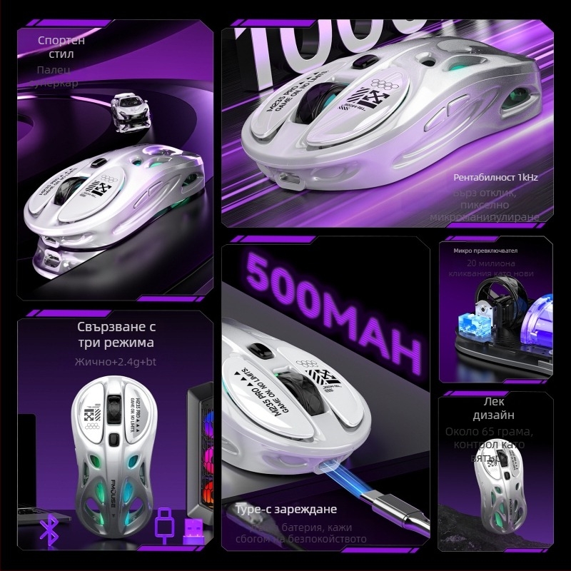 Tiger Cat M235Por гейминг мишка – лека, три режима на свързване (Bluetooth, 2,4 GHz, кабелна), RGB подсветка, 4800 DPI, 8 бутона