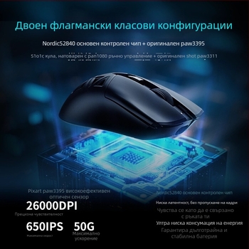 Безжична гейминг мишка, 12000 DPI, 8 бутона, 2.4 GHz безжична връзка, Bluetooth и USB кабел, с вградено зареждане