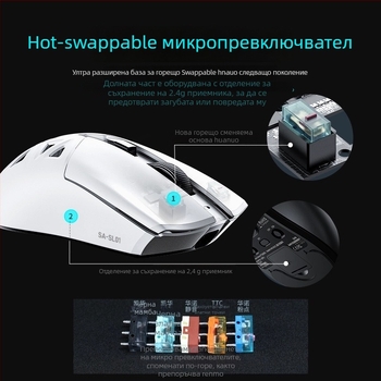 Безжична гейминг мишка, 12000 DPI, 8 бутона, 2.4 GHz безжична връзка, Bluetooth и USB кабел, с вградено зареждане