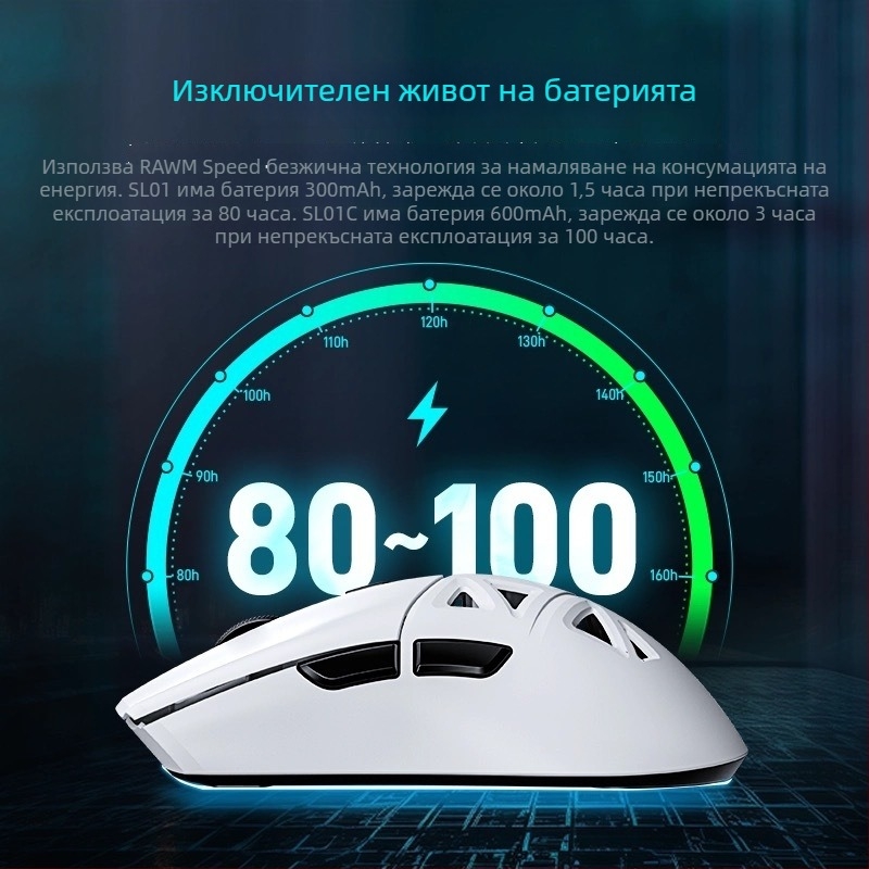 Безжична гейминг мишка, 12000 DPI, 8 бутона, 2.4 GHz безжична връзка, Bluetooth и USB кабел, с вградено зареждане