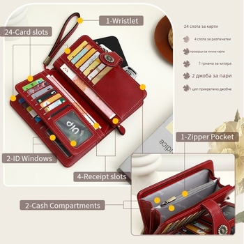 Женски RFID портфейл от PU кожа — монетник, отделение за карти, водоустойчив, износоустойчив, голям капацитет, клач