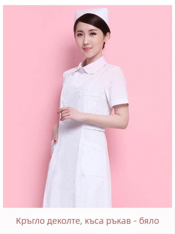 Униформа за медицински персонал: горнище с частично копче, кръгло деколте, дълги ръкави, зимна тясна кройка; памук 90–95% за медицински персонал в дентални и козметични клиники