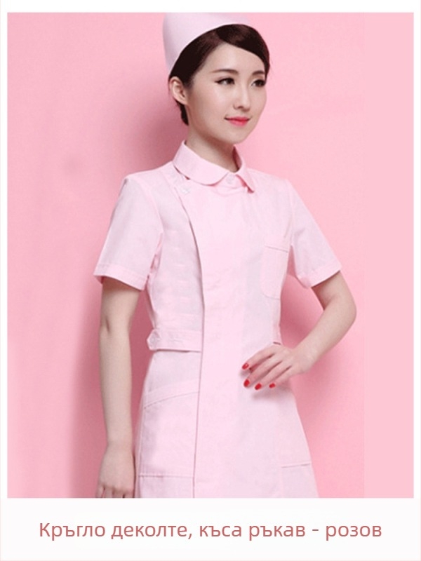 Униформа за медицински персонал: горнище с частично копче, кръгло деколте, дълги ръкави, зимна тясна кройка; памук 90–95% за медицински персонал в дентални и козметични клиники