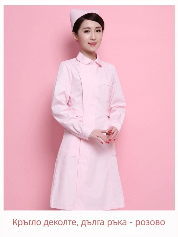 Униформа за медицински персонал: горнище с частично копче, кръгло деколте, дълги ръкави, зимна тясна кройка; памук 90–95% за медицински персонал в дентални и козметични клиники