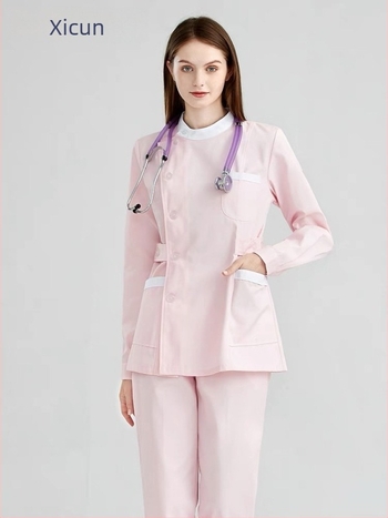 Униформа за медицински сестри за стоматологични и козметични клиники, комплект горна част и панталони, дишащ мрежест плат, смес памук–полиестер, кръгло деколте, къс ръкав, унисекс