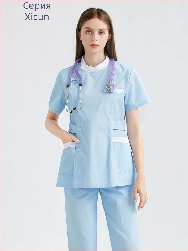 Униформа за медицински сестри за стоматологични и козметични клиники, комплект горна част и панталони, дишащ мрежест плат, смес памук–полиестер, кръгло деколте, къс ръкав, унисекс