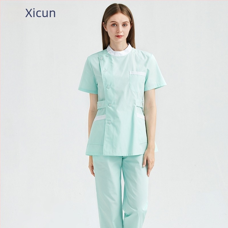 Униформа за медицински сестри за стоматологични и козметични клиники, комплект горна част и панталони, дишащ мрежест плат, смес памук–полиестер, кръгло деколте, къс ръкав, унисекс
